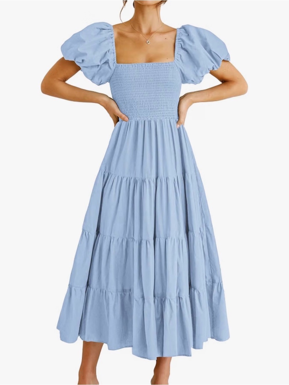 Smocked Square Neck Puff Sleeve Maxi Dress - Light Blue